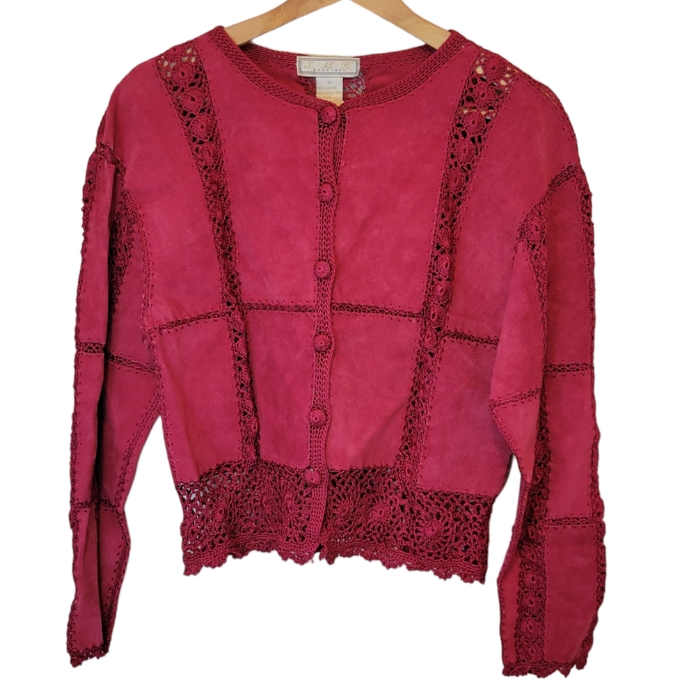 SMH Boutique Women's Dark Raspberry Pink Suede Leather Boho Jacket/Top Size Sm